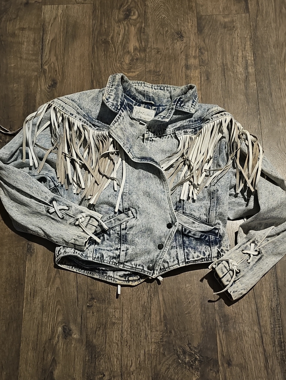 Acid Wash Fringe Leather Jean Jacket Lace-Up Sleeves Acid Wash 80s Small
